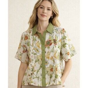 Magaschoni 100% Linen Floral Cropped Button Down Shirt Size L Large NWT!!